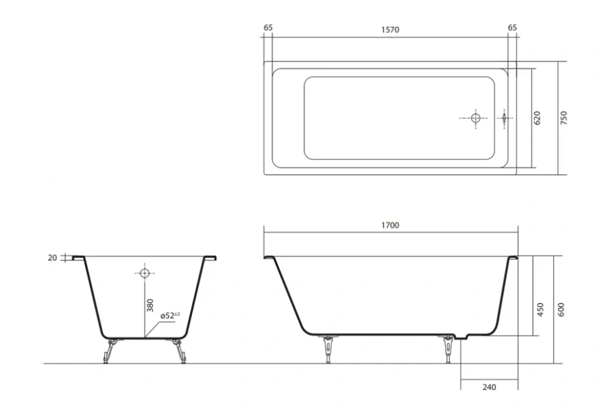 Ванна чугунная Акватек Альфа 170х75 см с ножками - фото 2