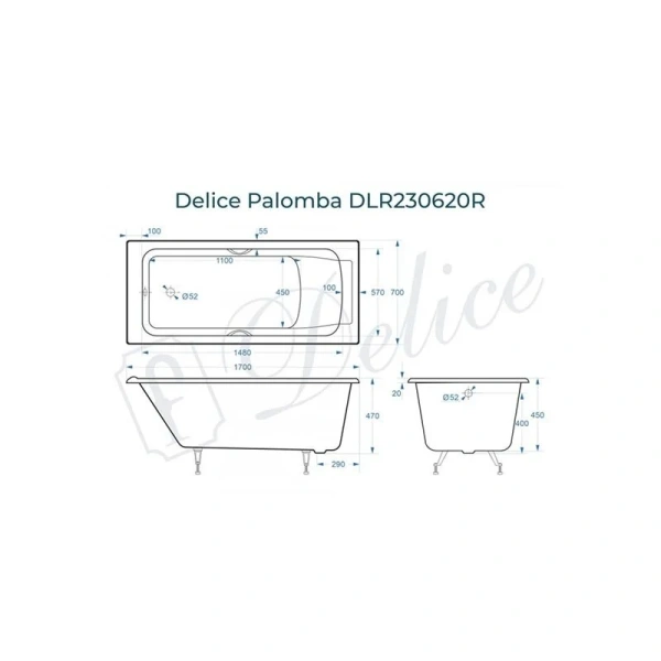 Ванна чугунная Delice Palomba 170x70 см белая, чугунные - фото 2