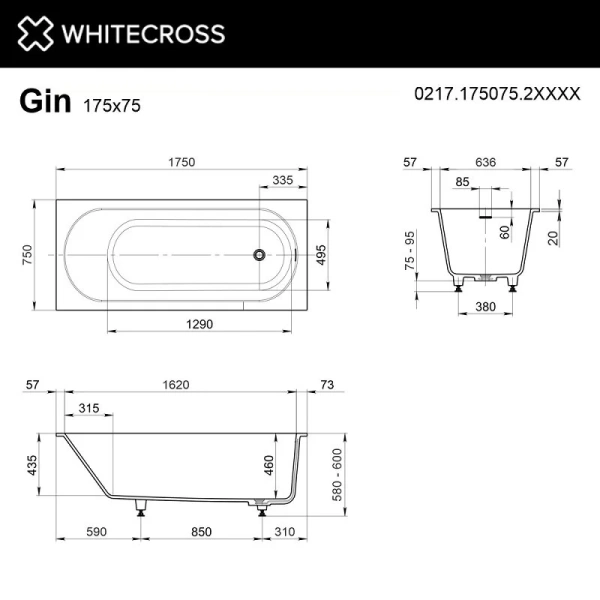 Ванна Whitecross Gin, 0217.175075.2XXXX, 175 х 75 см, искусственный камень, покраска по RAL, поверхность матовая, искусственный камень - фото 2
