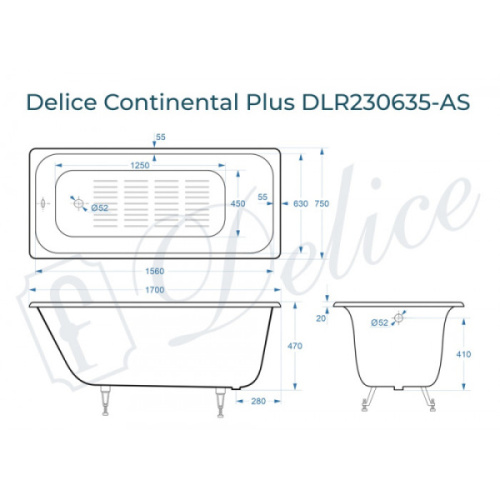Ванна чугунная Delice Continental Plus 170х75 см с антискользящим покрытием - фото 4