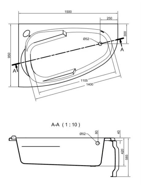 Ванна акриловая Cersanit Joanna 150 x 95 см, асимметричная, белая, левая/правая, угловые, приставные, встраиваемые - фото 6
