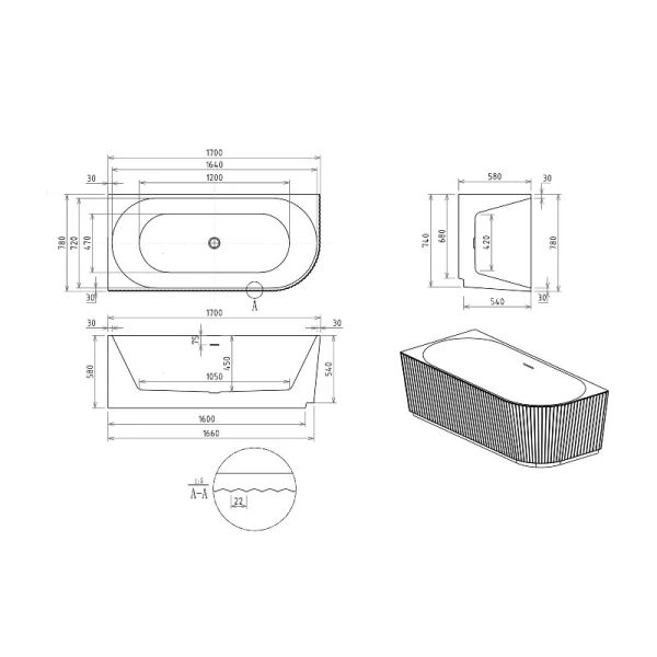 Ванна акриловая Royal Bath Nero RB710301L-BL/RB710301R-BL, 170 x 78 см, левая/правая, цвет белый - фото 4