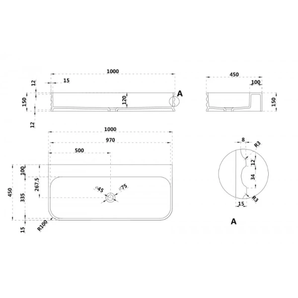 Раковина Abber Stein 100 см белая матовая - фото 2