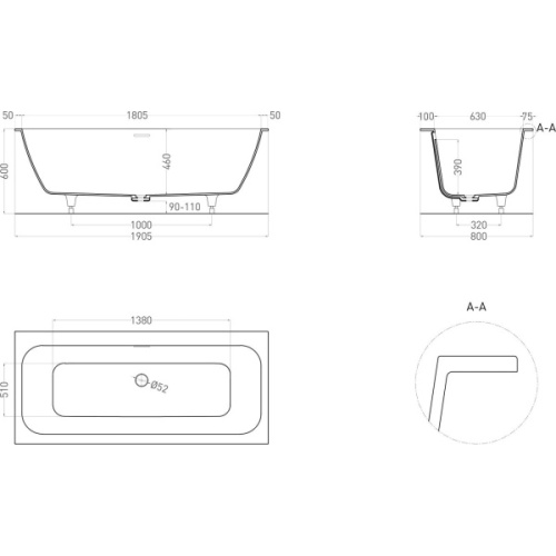 Ванна из искусственного камня Salini Orlanda Axis Kit 190x80 см белый матовый, без гидромассажа, большие - фото 6