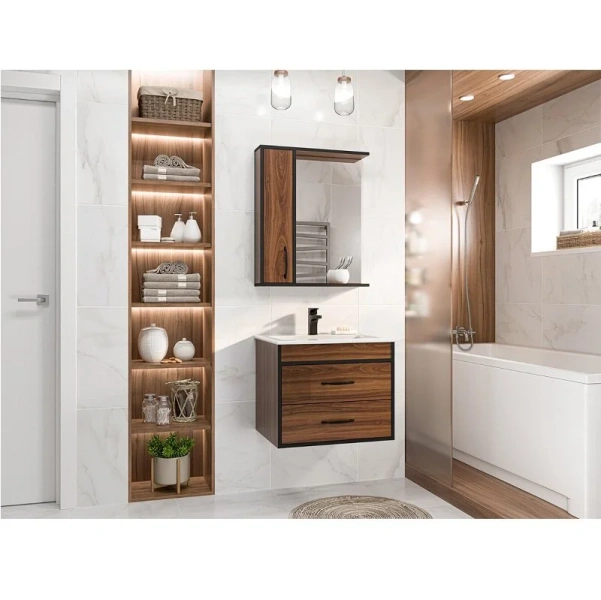 Тумба под раковину подвесная Misty Кедр 50 см орех/черная - фото 3