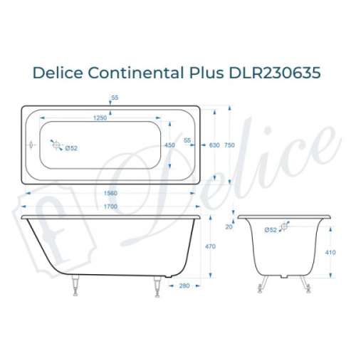 Ванна чугунная Delice Continental Plus 170х75 см белая - фото 4