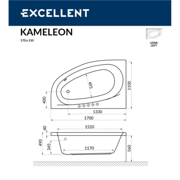 Ванна гидромассажная Excellent Kameleon Nano 170 x 110 см, цвет белый/золото, левая/правая, WAEX.KML17.NANO.GL/WAEX.KMP17.NANO.GL - фото 3