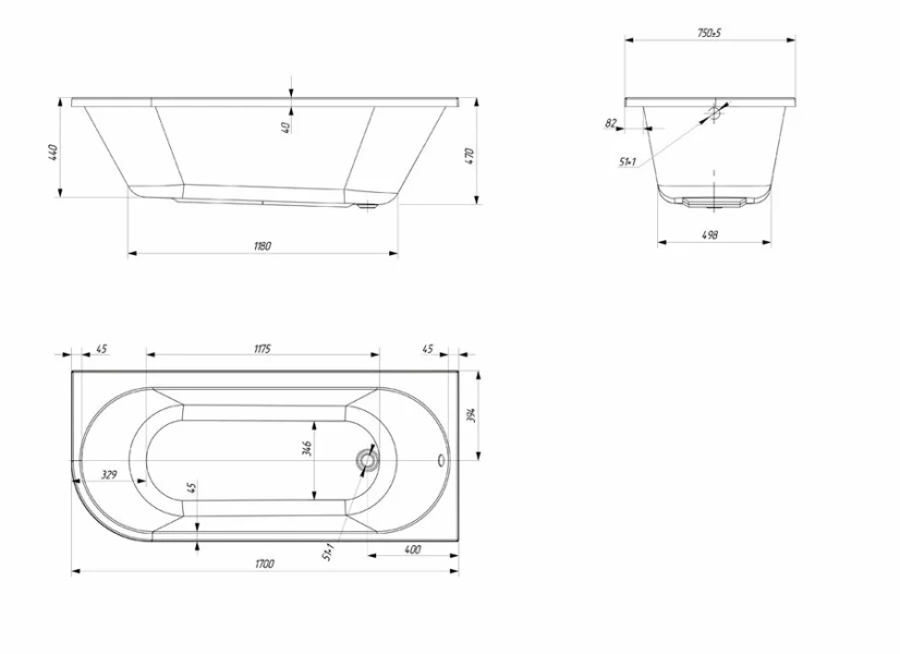 Ванна акриловая Marka One Alisa MG 170х75 см, асимметричная, правая/левая - фото 2