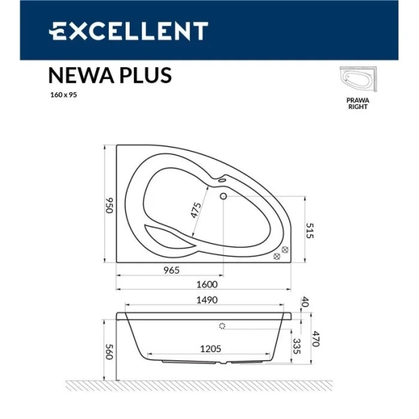 Ванна гидромассажная Excellent Newa Relax 160 x 95 см, правая, белый/золото, WAEX.NEP16.RELAX.GL - фото 2