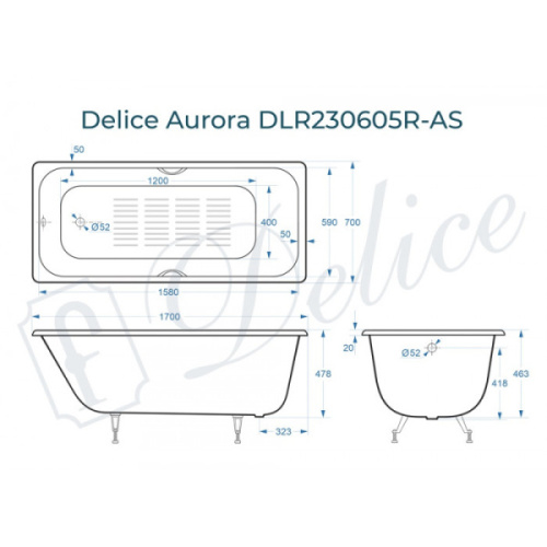 Ванна чугунная Delice Aurora 170х70 см с антискользящим покрытием, с отверстиями под ручки - фото 4