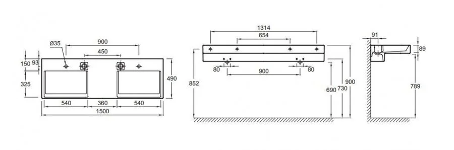 Раковина двойная Jacob Delafon Terrace 150 см с подсветкой, белая, современные, hi-tech - фото 2
