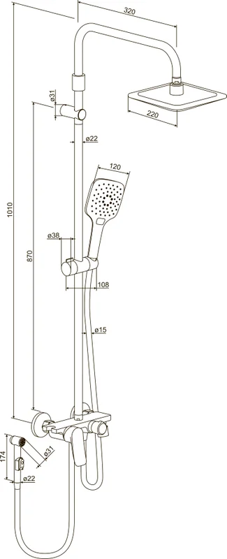 Душевая стойка Damixa Apollo с гигиеническим душем, квадратная, рычажные - фото 6