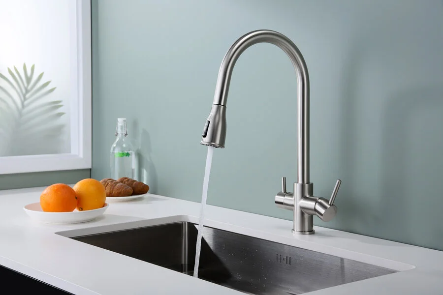 Смеситель для кухни Paulmark Lange никель, с поворотным изливом, c выдвижным изливом (лейкой) - фото 7