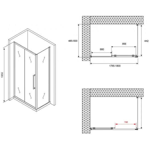 Душевой уголок Abber Schwarzer Diamant 180x50 см профиль черный, стекло прозрачное, прямоугольные - фото 2