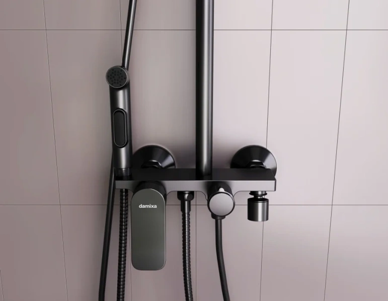 Душевая стойка Damixa Apollo со смесителем-полкой, черный матовый, без излива - фото 5