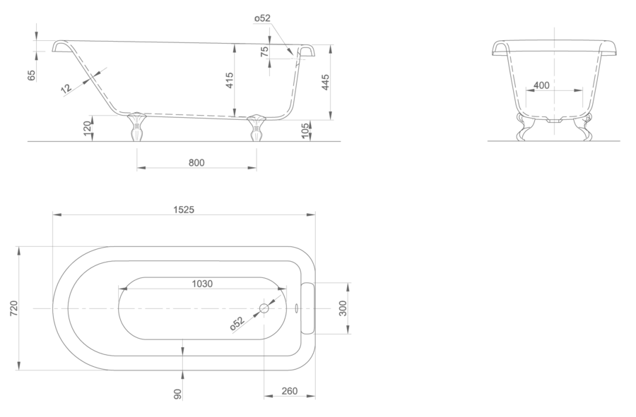 Ванна акриловая Knief ROLL TOP 0100-065-02 152,5 х 72 х 55 см на хромированных ножках - фото 2