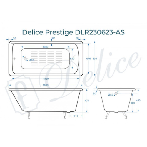 Ванна чугунная Delice Prestige DLR230623-AS 180х80 см антискользящее покрытие - фото 3