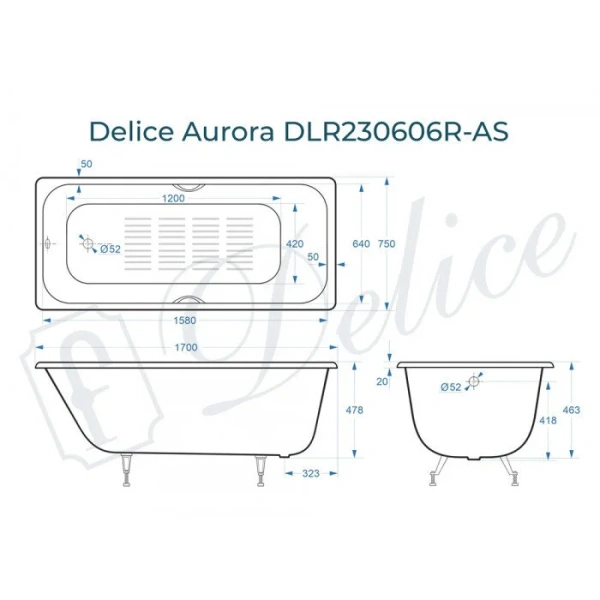 Ванна чугунная Delice Aurora 170x75 с отверстиями под ручки, чугунные - фото 2