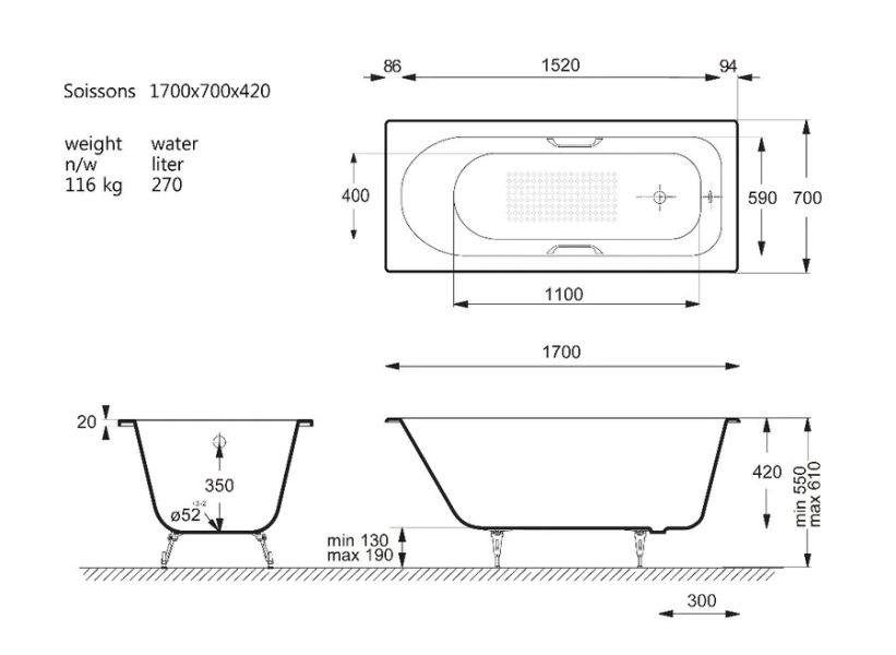 Чугунная ванна Vinsent Veron Soissons VCN1707042H/VH0012CH-AS, 170 x 70 см, с антискользящим покрытием, ручки хром, цвет белый - фото 2