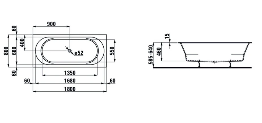 Ванна Laufen PRO 2.4095.0.000.000.1, 180 x 80 см Drop-in прямоугольная, с ножками, без слива-перелива, материал Marbond - фото 2