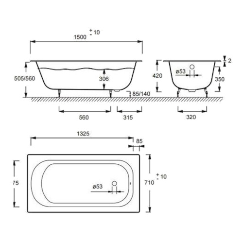Ванна чугунная 150х70, цвет белый, Jacob Delafon NATHALIE E2962 - фото 3
