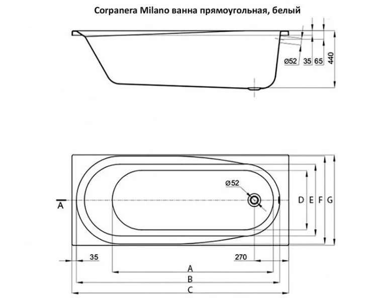 Ванна акриловая Corpa Nera Milano, CN05009WH, 170 х 70 см, цвет белый - фото 2