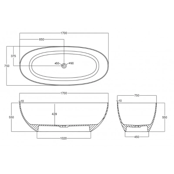 Ванна из полиэфирной смолы Abber Kristall AT9703 170x75 см овальная - фото 2
