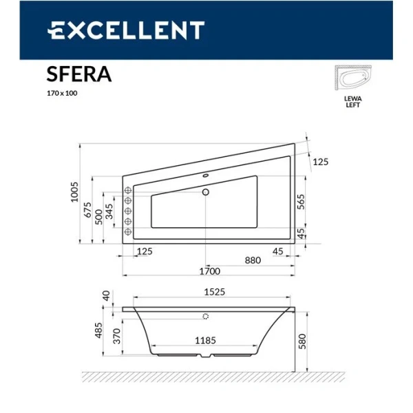 Ванна гидромассажная Excellent Sfera Line 170 x 100 см, левая, белый/золото, WAEX.SFL17.LINE.GL - фото 2