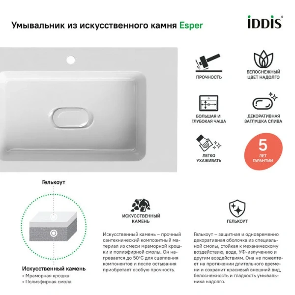 Тумба с раковиной подвесная IDDIS Esper 100 см с ящиком, комплект (набор) - фото 8