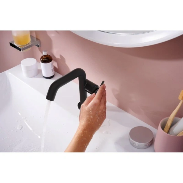 Смеситель для раковины Hansgrohe Tecturis S матовый черный, из латуни, округлая форма, с донным клапаном - фото 5
