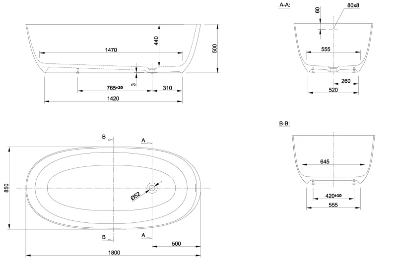 Ванна из искусственного камня Knief Prime 0600-011-01 180 х 85 см, искусственный камень - фото 2