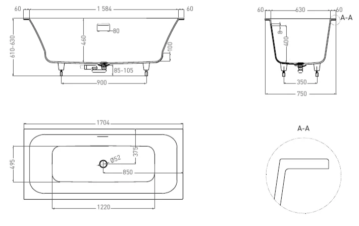 Ванна из искусственного камня Salini Orlanda Axis Kit 170х75 см белый матовый, современныe, hi-tech - фото 3