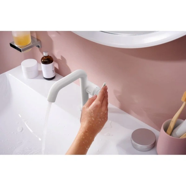 Смеситель для раковины Hansgrohe Tecturis S матовый белый, из латуни, округлая форма, с донным клапаном - фото 5