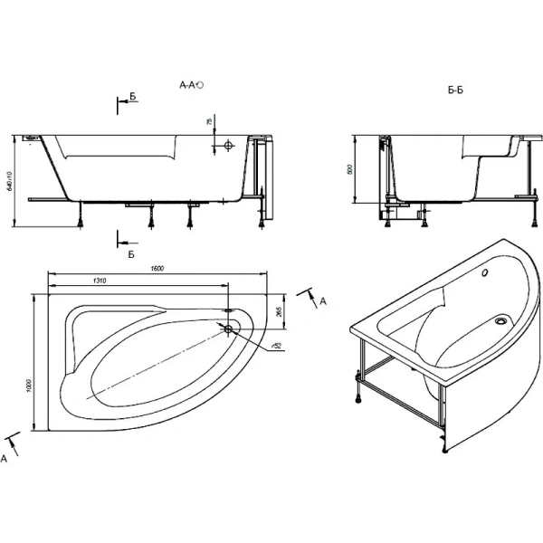 Ванна акриловая Roca Welna, L/R, 7.2486.4.200.0/7.2486.4.300.0, 160 x 100 см, цвет белый - фото 2