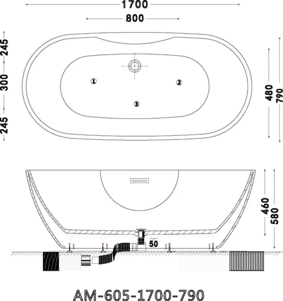 Ванна акриловая Art&Max Pescara AM-605-1700-790, 170 x 79 см, слив-перелив и донный клапан в комплекте, белый - фото 2