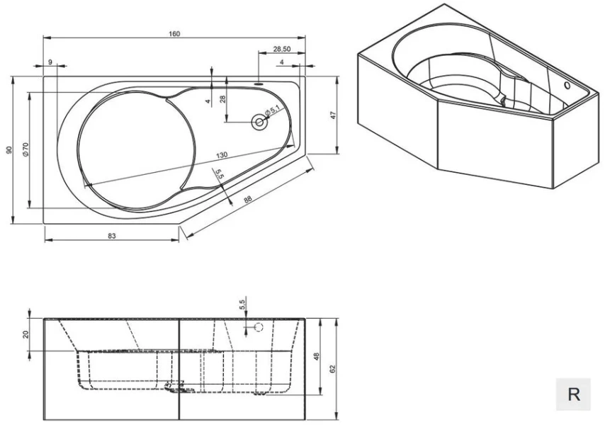 Ванна акриловая Riho Yukon Plug & Play, B008012005/B009012005, 160 x 90 см, левая/правая, цвет белый, угловые, приставные, встраиваемые - фото 6