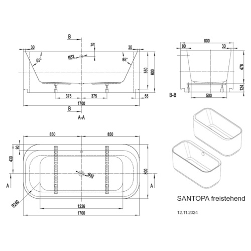 Ванна акриловая Vagnerplast Santopa 170×80 см отдельностоящая - фото 3