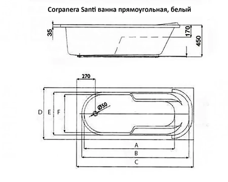 Ванна акриловая Corpa Nera Santi, CN05022WH, 170 х 75 см, цвет белый - фото 2