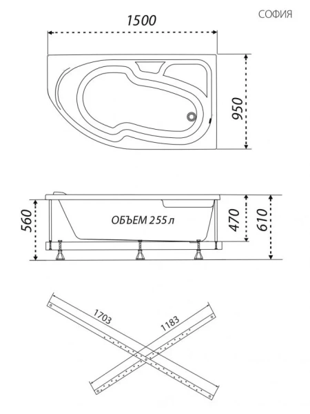 Ванна акриловая Triton OMP София Щ0000067269/Щ0000067270, 150 x 95 см, левая/правая, белая, в наличии - фото 9