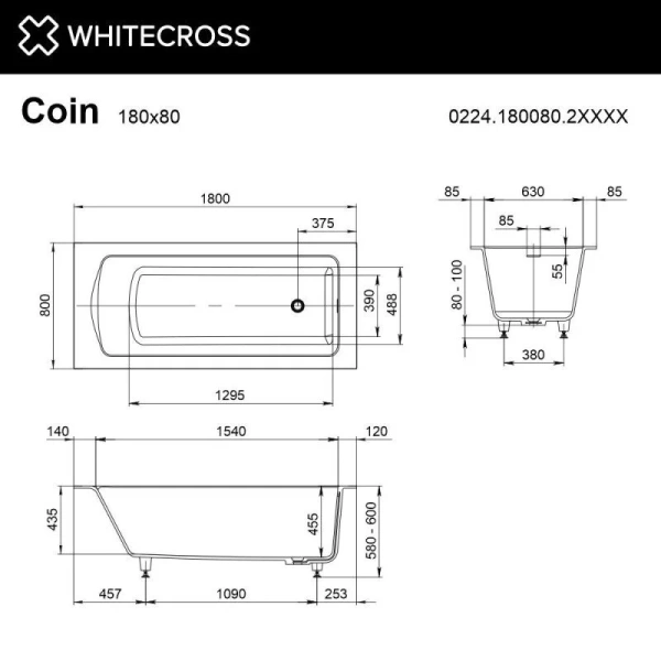 Ванна Whitecross Coin 0224.180080.2XXXX, 180 х 80 см, искусственный камень, покраска по RAL, поверхность матовая - фото 2