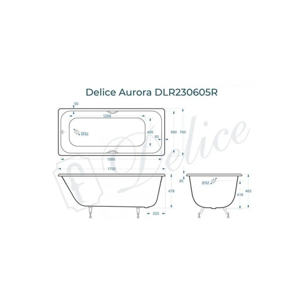 Ванна чугунная Delice Aurora 170х70 см без антискользящего покрытия, с отверстиями под ручки - фото 2