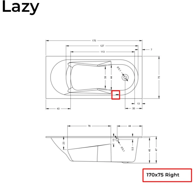 Ванна акриловая Riho Lazy 170x75 см правосторонняя, прямоугольные - фото 5