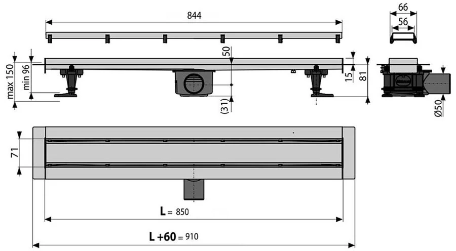 Душевой лоток Alcaplast APZ 85 см с решеткой и опорами - фото 2