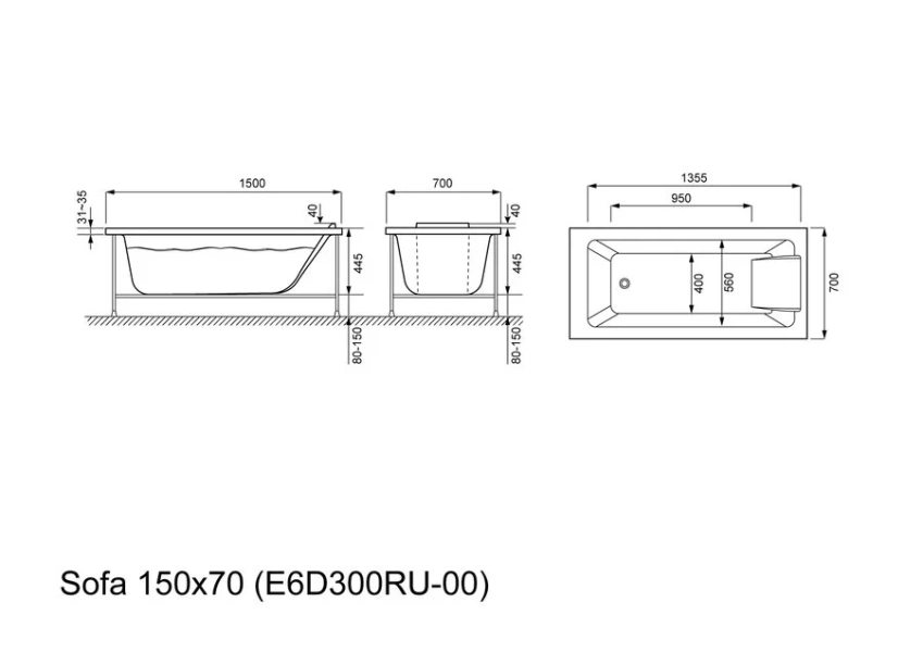 Ванна акриловая Jacob Delafon Sofa 150х70 см белая, акриловые - фото 2