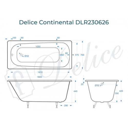 Ванна чугунная Delice Continental 160х70 см белая, 160x70 см - фото 4
