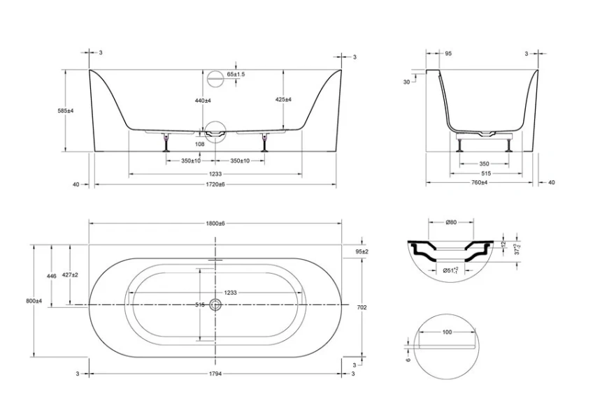 Ванна акриловая Vincea VBT-703-1800, 180 x 80 см, белая - фото 2