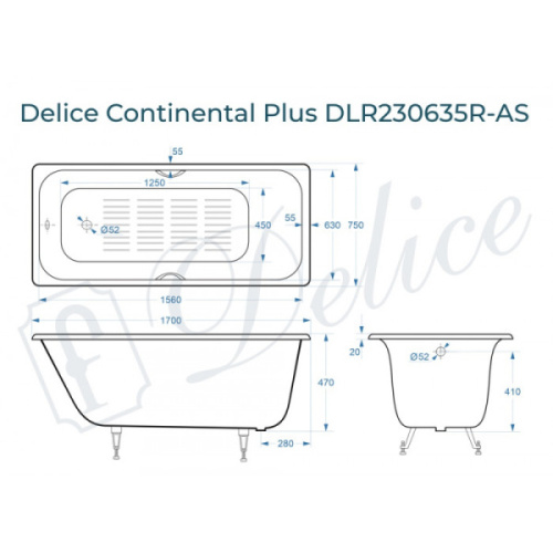 Ванна чугунная Delice Continental Plus 170х75 см с отверстиями под ручки - фото 4