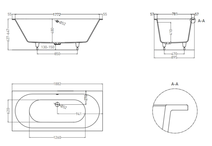 Ванна из искусственного камня Salini Ornella Axis 190x90 см S-Stone (Solix) матовый, искусственный камень - фото 2