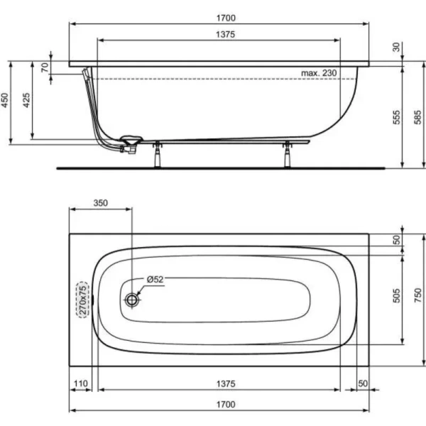 Ванна акриловая Ideal Standard i.life 170х75 см белая, 170x75 см - фото 4