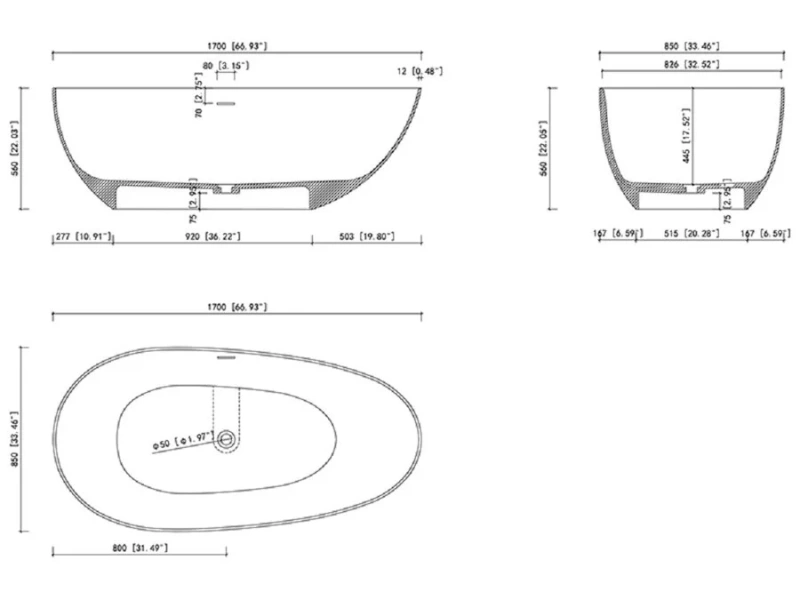 Ванна Uni-Flow Ova из искусственного камня Solid surface FS302-1700 Matt White, 170 х 85 см, белая матовая - фото 2